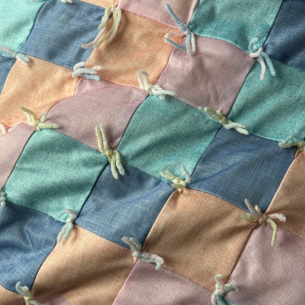Handmade Pastel Patchwork Baby Quilt Lace Trim Yarn Ties Vintage Style Blanket